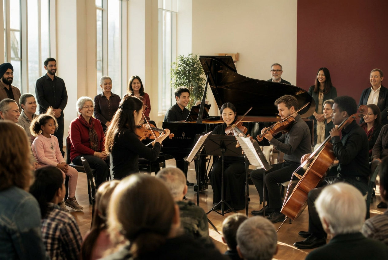 Diverse community audience gathered around musicians in a bright hall